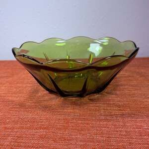 Vintage Avocado Green Glass Scalloped Panel Serving Bowl Mid Century